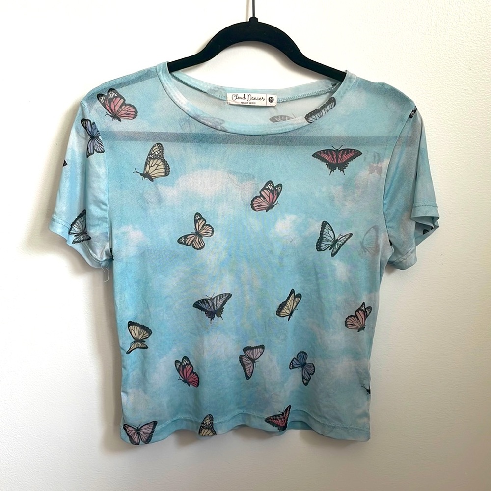 Blue mesh top with butterflies